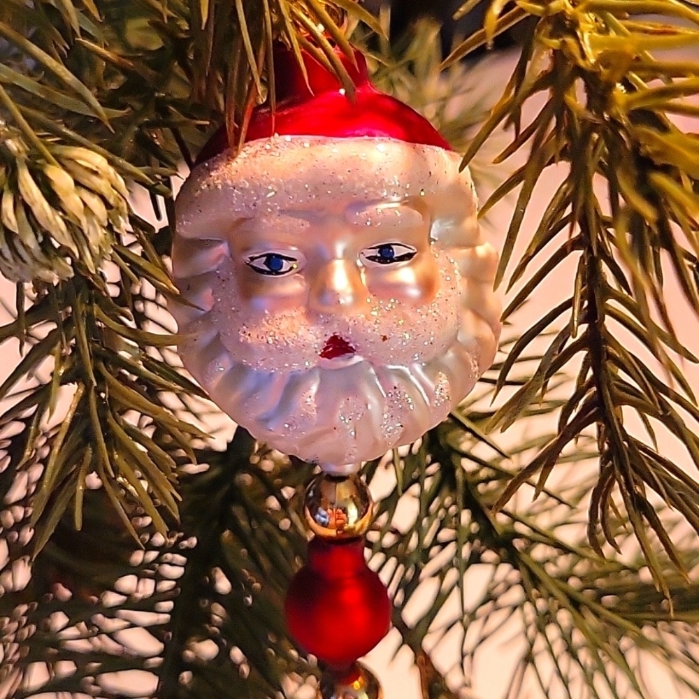 Glass Molded Shimmery Santa Face/Gold Star Christmas Tree Garland